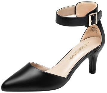 DREAM PAIRS Womens Court Shoes Pointed Toe Low Kitten Heel Ladies Pumps Ankle Strap Dress Sandals,Size 5,Black/pu,LOWPOINTED