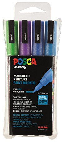 POSCA 186512 - POSCA Marker mit feiner Rundspitze, 4er Set, Glitter kalte Farben
