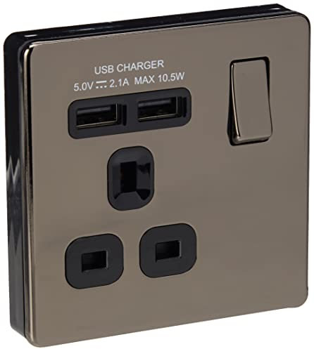 BG Electrical fbn21u2b 2.1 A Masterplug Single Socket with 2 x USB, Brushed Nickel Black Insert