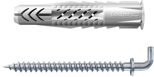 Fischer 25 Tasselli Universali UX 6x35 R H con Gancio per Muro Pieno, Mattone Forato, Cartongesso, per Installazione e Fissaggio Mobili, Armadietti, Lampade, Staffe TV, 71554