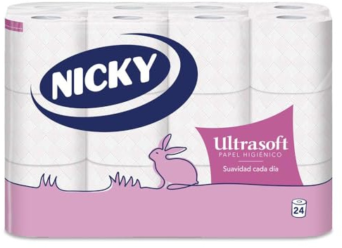 Nicky Ultrasoft Papel Higiénico - Paquete de 24 Rollos, 140 Hojas de 2 Capas, Delicado Aroma a Talco, Dermatológicamente Testado, Embalaje Reciclable, Celulosa 100% Pura, con Certificación FSC
