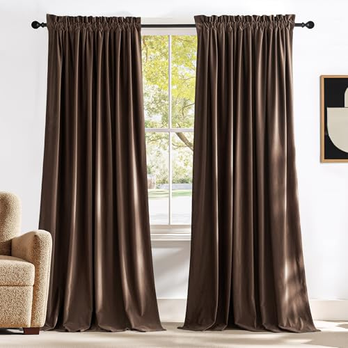 NICETOWN Brown Velvet Blackout Curtains 96 inches Long, Room Darkening Home Decor Light Blocking Thermal Insulated Rod Pocket Drapes for Theater and Movie Room (Set of 2, 52 x 96)