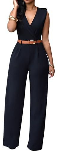 Pink Queen Women's Elegant V Neck Long Loose Belted Rompers Jumpsuits Black Large