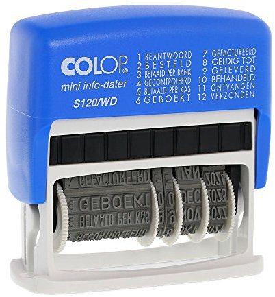 Colop S120/WD MiniInfoDater Schrifthöhe 4 mm Kissen blau/rot 12 Texte Farbe Schwarz