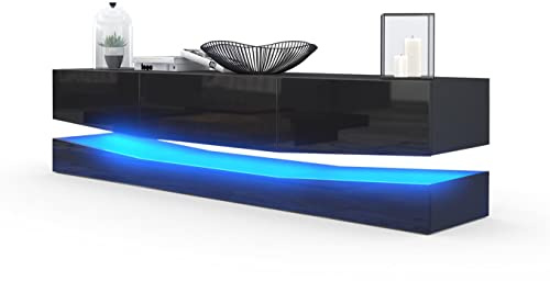 Vladon Buffet Bas City, Meuble TV avec Socle, 1 Compartiment Ouvert et 3 tiroirs, Noir Mat/Noir Haute Brillance, éclairage LED Inclus (178 x Variable x 39 cm)