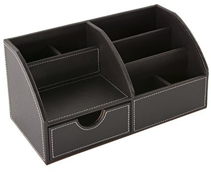 OSCO Faux Leather Desk Organiser with Drawer, 8-Compartment Stationery Caddy, Pen & Pencil Holder, Desktop Makeup or Office Storage Box, Brown