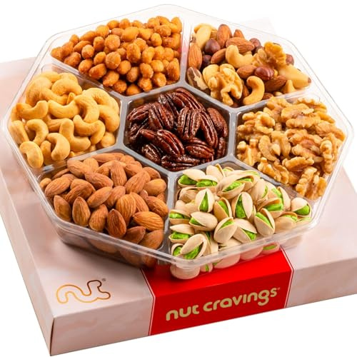 NUT CRAVINGS - Easter Mixed Nuts Gift Basket in Red Gold Box (7 Assortments, 1 LB) Treats for Adults, Food Arrangement, Healthy Snack Care Package, Kosher