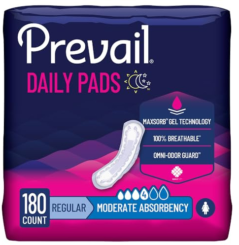 Prevail Incontinence Bladder Control Pads for Women, Moderate Absorbency, Regular Length, 180 Count (packaging may vary)