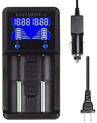 Universal Battery Charger EASTSHINE S2 LCD Display Speedy Smart Charger for Rechargeable Batteries Ni-MH Ni-Cd AA AAA Li-ion LiFePO4 IMR 10440 14500 16340 18650 RCR123 26650 18500 21700 & Car Adapter