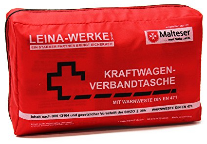 Leina 11028 vehículos de Motor Advertencia de Primeros Auxilios Bolsa compacta y Chaleco con Cierre de Velcro, Color Rojo/Negro/Blanco