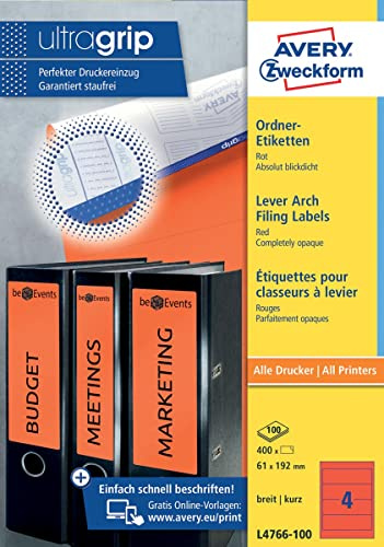 Avery Zweckform L4766-100 Filing Labels Short for Wide Folders such as Leitz, Elba, Mehle, Bene and Biella, 192 x 61 mm, 100 Sheets