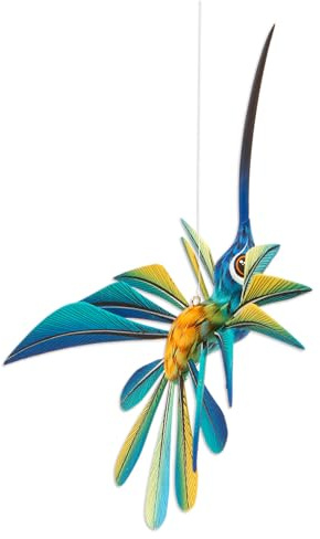 NOVICA Blue and Yellow Hand Painted Alebrije Hummingbird Copal Wood Sculpture, 'Blue Hummingbird'