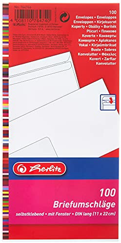 Herlitz Briefumschlag DIN Lang, weiß, selbstklebend mit Fenster, 100 Stück mit Innendruck, eingeschweißt in Folienpackung, 1 Packung