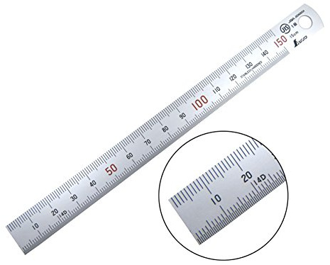 Shinwa 150 mm Rigid (15 mm x 0.5 mm) Zero Glare Satin Chrome Stainless Steel Machinist Engineer Ruler/Rule with Graduations in mm and .5mm Model 13005