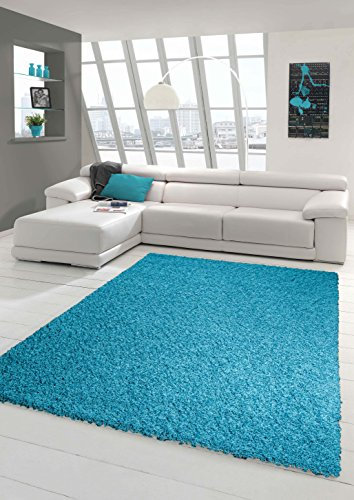 Shaggy Teppich Hochflor Langflor Teppich Wohnzimmer Teppich Gemustert in Uni Design Türkis Größe 160x230 cm