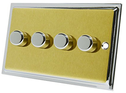 Slimline Duo Satin Brass Polished Chrome LED 4 Gang Dimmer 250W - 10 Amp 4 Gang 2 Way 250W LED Light Dimmer Switch