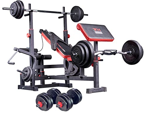 trainhard Force Station remise Banc de musculation Noir/Rouge avec long, de Curl et de Haltère courte et 90 Kg Haltères