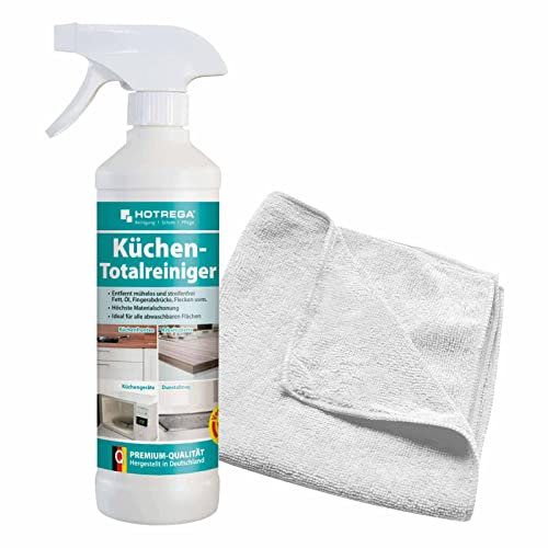HOTREGA Küchen-Totalreiniger 500 ml | Fettlösend | Für Naturstein, Edelstahl, Glas, Kunststoff | Mit Orangenduft | inkl. Microfasertuch