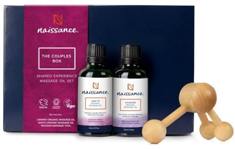 Naissance Coffret Cadeau Huile de Massage BIO The Couples Box Kit - Set 2 x 50ml Huiles & Masseur en Bois - Pour Femme & Homme Relaxante Romantique Naturel Coquin Plaisir Sensuel Erotique Chauffante