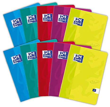 Oxford Touch Schulheft A5 Kladde 32 linierte Blätter mit Seitenrand, Optik Paper 90 g, samtweicher laminierter Umschlag, Notizbuch Set für Büro & Schule, 10 Stück-Packung, Farbenmix