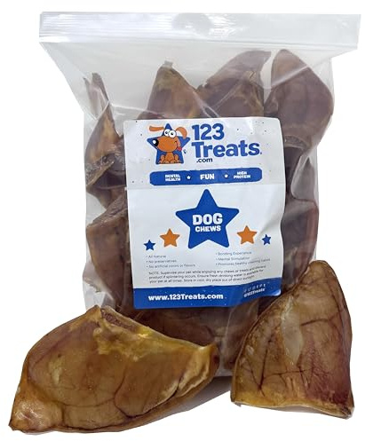 123 Treats Pig Ears for Dogs - (12 Count) 100% Natural, Long Lasting & Highly Digestible Chew Treats, Single Ingredient, Slow Baked, Great for Puppy, Large & Medium Dogs