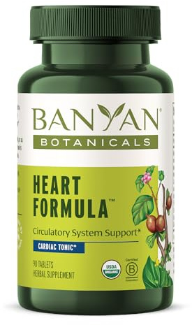 Banyan Botanicals Organic Heart Formula–Cardiovascular & Circulatory Support Supplement–with Arjuna Bark & Hawthorn Berry for Cardiac Muscle Strength & Vascular Integrity-90 Tablets-USDA Organic