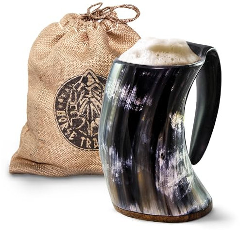 Norse Tradesman Viking Drinking Horn Mug - Lighter Color Horn - 100% Authentic Beer Horn Tankard With Hardwood Bottom & Ring Engravings | The Eternal, approx. 16 oz
