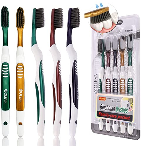 AOLEVA Set 5 Count Soft Toothbrush Manual for Adults Toothbrushes Multipack Black Charcoal Bristles for Family Medium Size Random Color