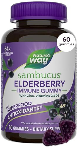 Nature's Way - Sambucus Elderberry - 3200 mg per Serving - Immune Support - with Vitamin C and Zinc - Gluten Free - Suitable for Vegetarians - 60 Gummies