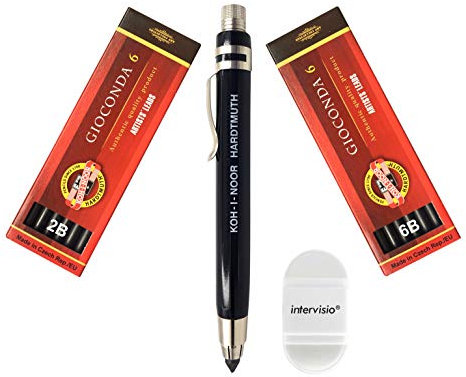 Koh-I-Noor 5359 Mechanischer Fallminenstift 5,6 mm - Metallminenhalter mit Graphitminen Set 4865 2B und 6B und intervisio Bleistiftspitzer mit Radiergummi - für Schule Schriftsteller Künstler