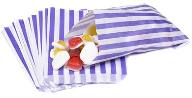100 Candy Stripe Paper Sweet Bags | Purple | 5” x 7” 125mm x 175mm | Multipurpose Use for Sweets, Popcorn, Kids Party bags, Wedding Favours, Pick and Mix & Cookies!