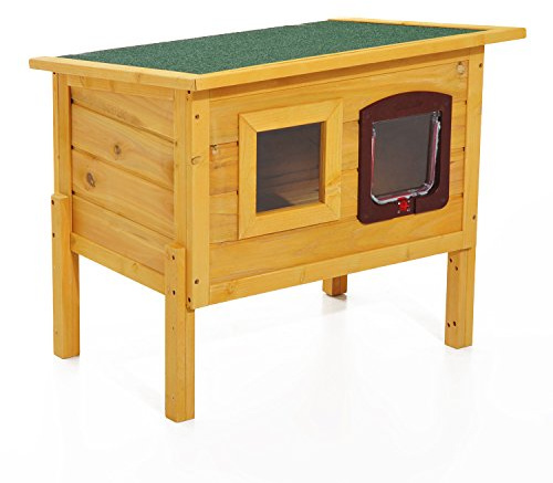 PawHut Garden Wooden Cat House Outdoor Pet Play Home Waterproof Roof Kitty Shelter Kennel w/ Door & Window
