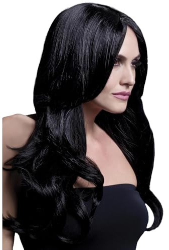 Smiffys Fever Kollektion, Khloe Perücke, Schwarz, Lang, Wellig mit Mittelscheitel, 56cm/22in Halloween