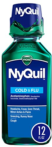 Vicks NyQuil Cold and Flu Relief Liquid Medicine, Powerful Multi-Symptom Nighttime Relief for Headache, Fever, Sore Throat, Minor Aches and Pains, Sneezing, Runny Nose, and Cough, 12 FL OZ