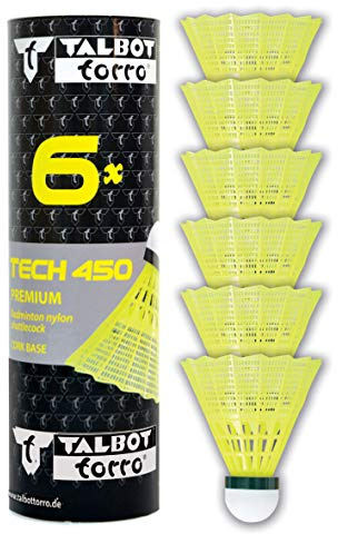 Talbot Torro Badminton Ball Tech 450, 6er Dose, Farbe: Gelb, Geschwindigkeit:Grün/Langsam,Premium-Nylonfederball, Federball Shuttle, Nylonshuttles, für Indoor & Outdoor Federball & Badminton