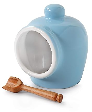 Wm Bartleet & Sons Traditional Porcelain Small Salt Pig with Wooden Salt Serving Spoon - Blue