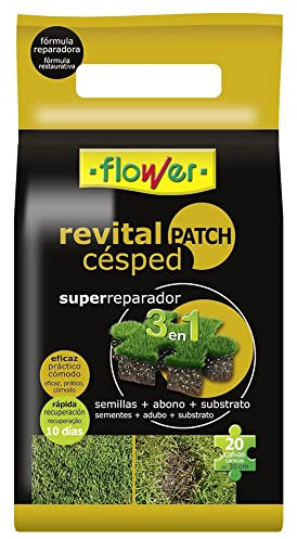 Flower - Revital Patch Césped | Recuperación Rápida en 10 Días | Semilla, Abono y Sustrato Incluidos | Para 20 Calvas de 30 cm, No Aplica, 20x8.5x39 cm, Abono