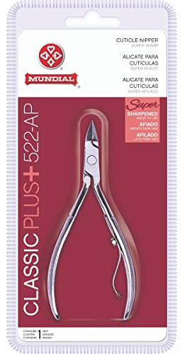 Cuticle Nipper Super Sharp - MUNDIAL 522-AP - Cuticle Trimmer for Manicure Kit and Pedicure Tools, Carbon Steel Handlee with Durable Spring. Tip Guard Included
