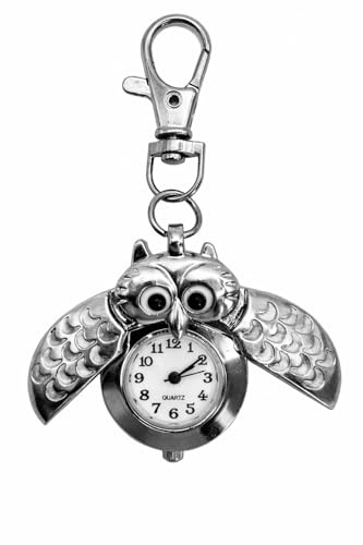AKORD Vintage Metal Owl Pocket Watch Necklace and Keyring – Squeeze to Open Winged Pendant – Silver Owl Design Analogue Watch for Adults – Stylish Jewellery Accessory with Key Chain