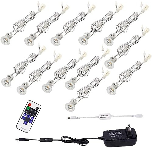 AIBOO Linkable LED Under Cabinet Lighting 12V Recessed Mini Downlights Spotlights Dimmable with Remote Control & ETL Listed Wall Plug for Cupboard Accent Lighting(Warm White,12 Lights)