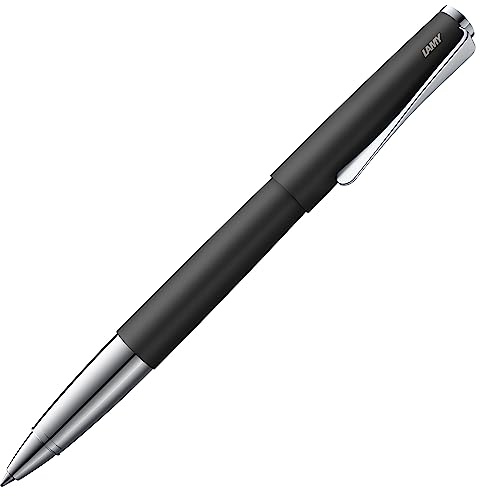Lamy studio black Tintenroller – universeller Stift in elegantem Gehäuse aus Ganzmetall – mit propellerförmigem Clip & in Strichbreite M – mit Tintenrollermine M 63 in schwarz