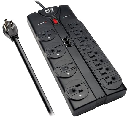 Eaton Tripp Lite TLP1208TEL Home Theater Surge Protector Power Strip, 12 Outlets, Flat Plug 8ft Extension Cord, 2160 Joules | RJ11 Port for Phone Land Line Protection