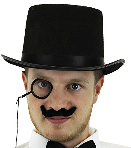 Toff Fancy Dress Accessory Set Top Hat + Black Moustache + Monocle Rich Man British Banker Costume