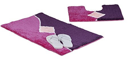 Relaxdays Badgarnitur 2-teilig mit Grafikmuster, Für Fußbodenheizung, Waschbar, Badematte und WC-Vorleger, Für Stand-WC, 80 x 50 cm, beere