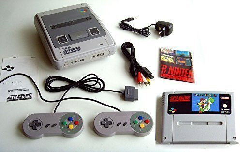 Super Nintendo / SNES Konsole mit 2 Controllern und Super Mario World Spiel - Konsole ist die deutsche Original PAL Version (komplett Set und sofort spielbereit, mit allen Kabeln und 2 remake Controllern) Super Nintendo Entertainment System