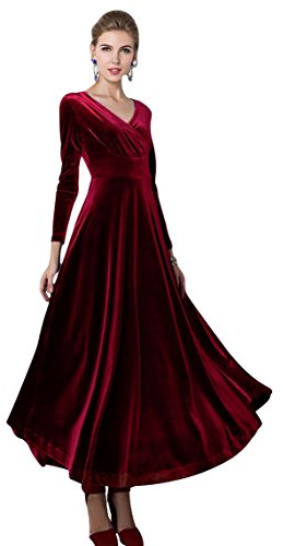 Women's Long Sleeve Evening Dress Maxi V-Neck Velvet Party Dress (XXL, Wine Red)