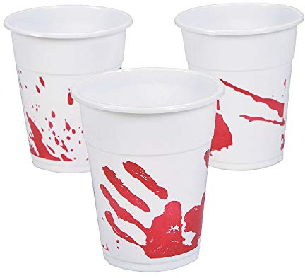 Fun Express Bloody Hand Print Disposable Plastic Cups 16 oz (Bulk Set of 50) Scary Halloween Party Supplies