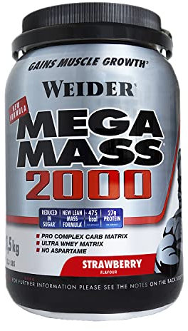 Weider 32822 Mega Mass 2000 Sabor Fresa (1500 g). 67% de Hidratos y 16% Proteínas, Enriquecido con Vitaminas y Minerales con Menos Azúcares, Negro