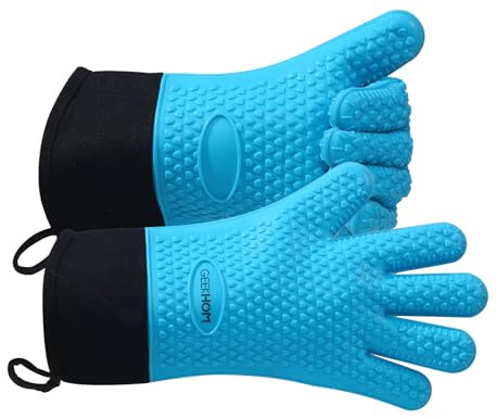 GEEKHOM Silicone Oven Gloves Heat Resistant Silicone Oven Mitts BBQ Gloves Waterproof Kitchen Gloves for Barbecue Grilling Weber Microwave, Non-Slip Oven Gloves with Fingers, Blue