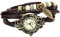 JewelryWe Damen Armbanduhr, Retro geflochten Leder Armband Armreif Armkette Uhr mit Baum Blatt Anhänger, Braun Bronze